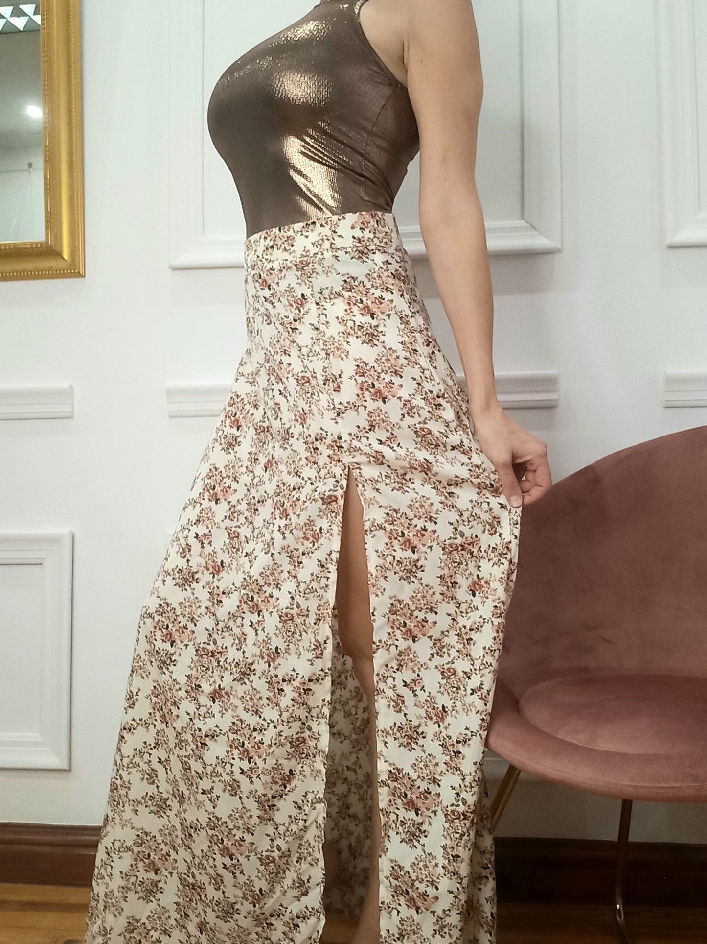 Apricot Floral High Waist Maxi Skirt Hiding Bella