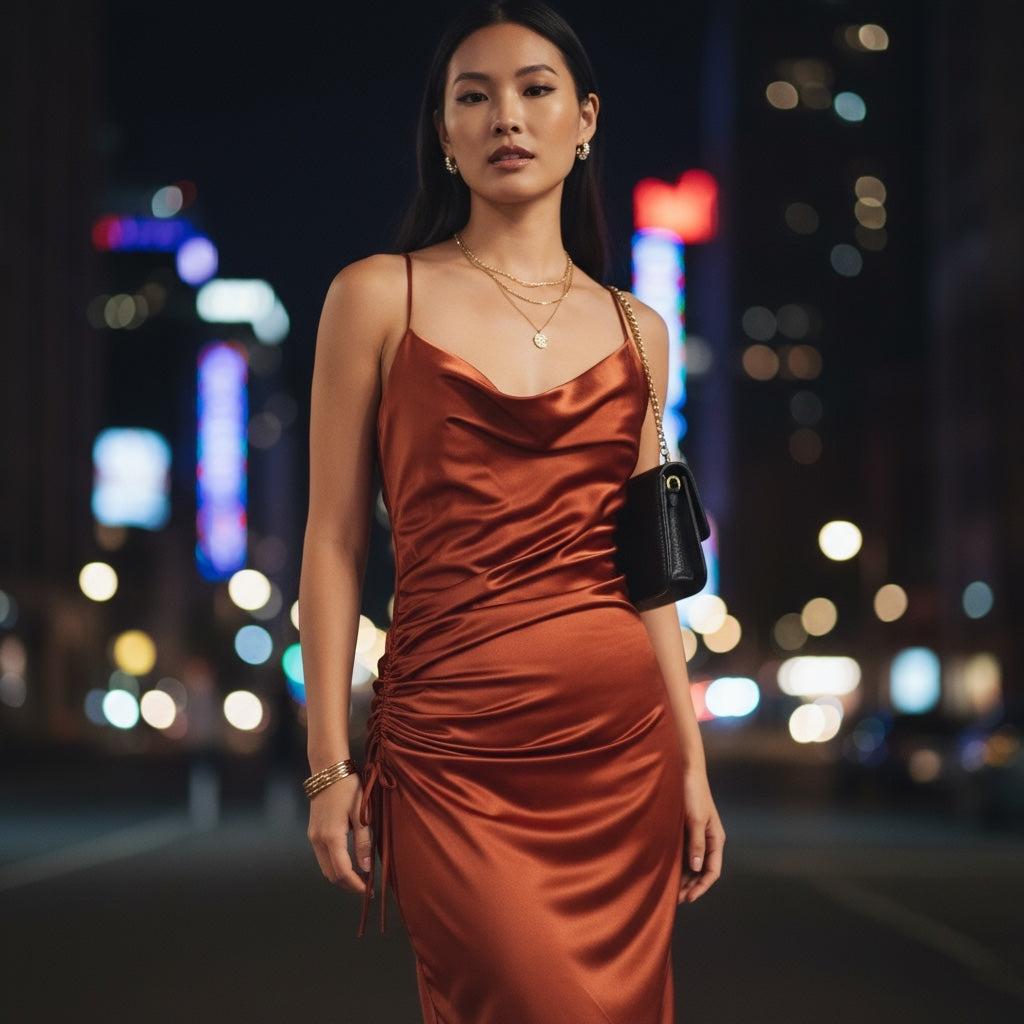 Cami Dress Satin Copper Hiding Bella