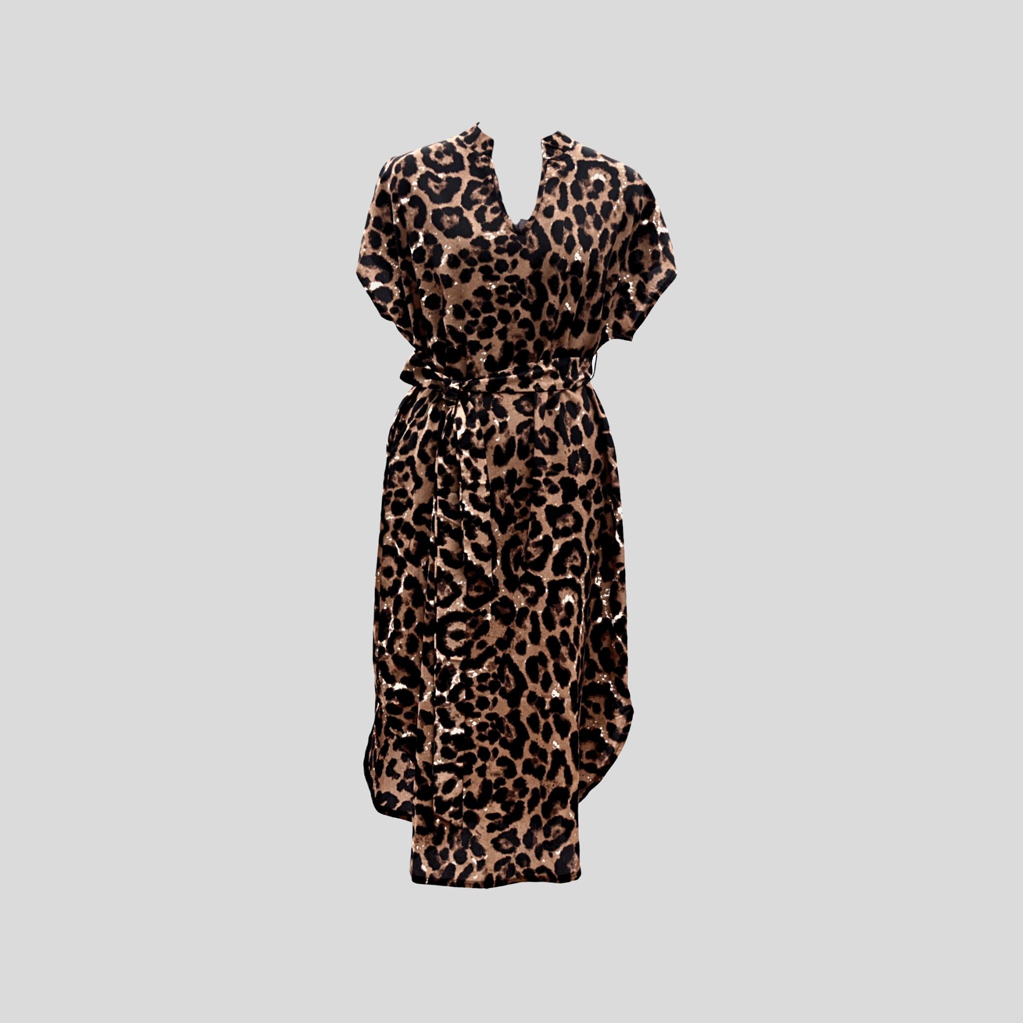 HBFF Leopard Print Batwing Sleeve Belted Dress Hiding Bella