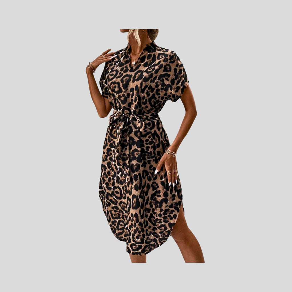 HBFF Leopard Print Batwing Sleeve Belted Dress Hiding Bella