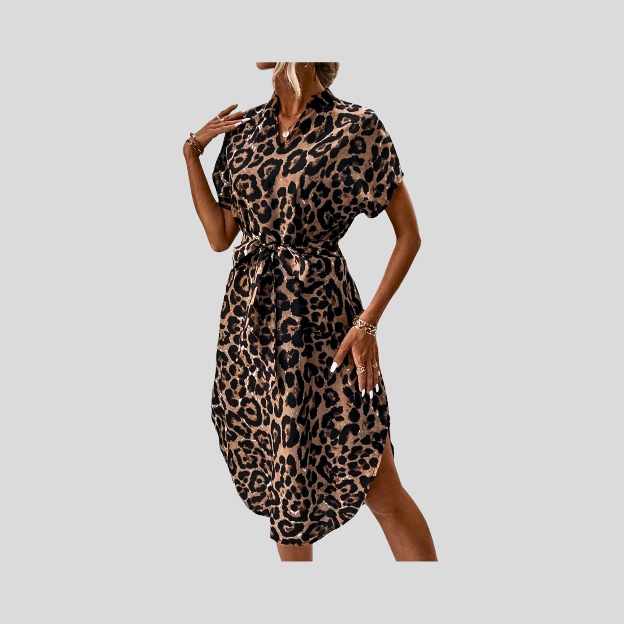 HBFF Leopard Print Batwing Sleeve Belted Dress Hiding Bella