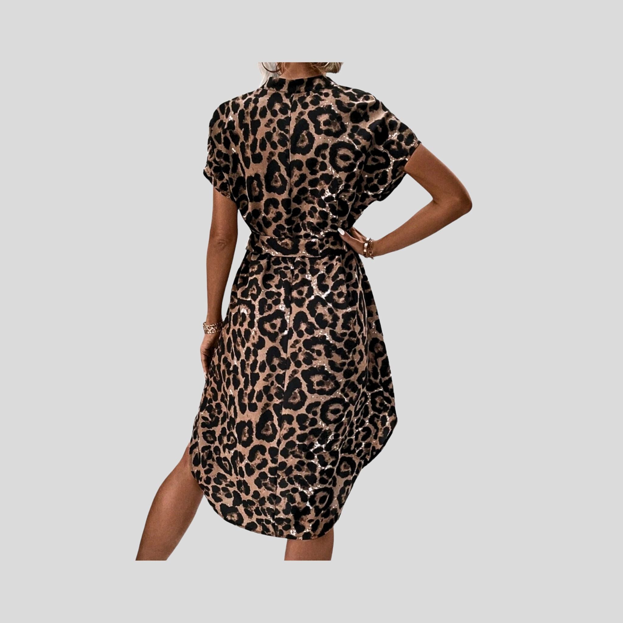 HBFF Leopard Print Batwing Sleeve Belted Dress Hiding Bella