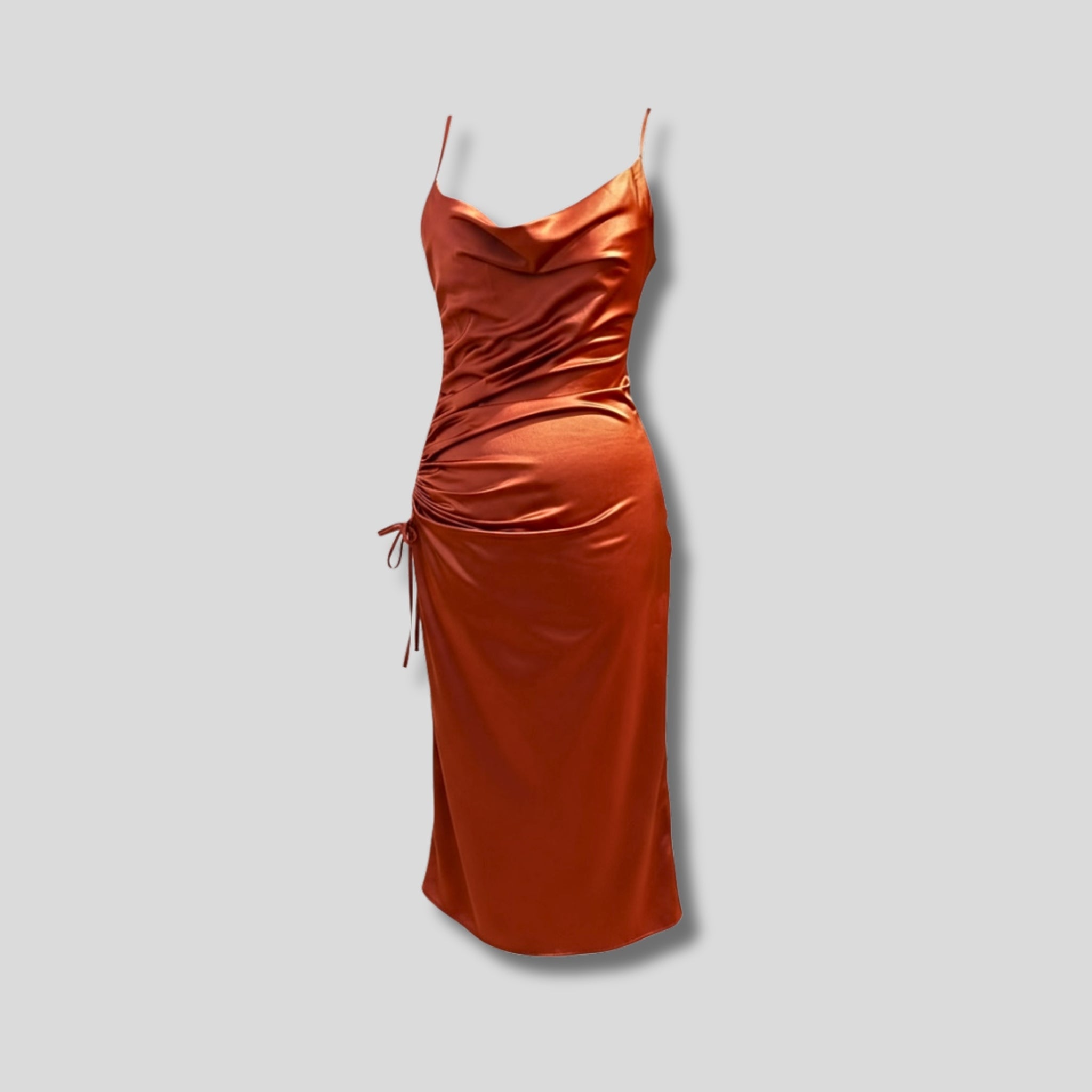 burnt orange cami dress Women's Burnt Orange Chiffon Drape Cut Out Midi Dress