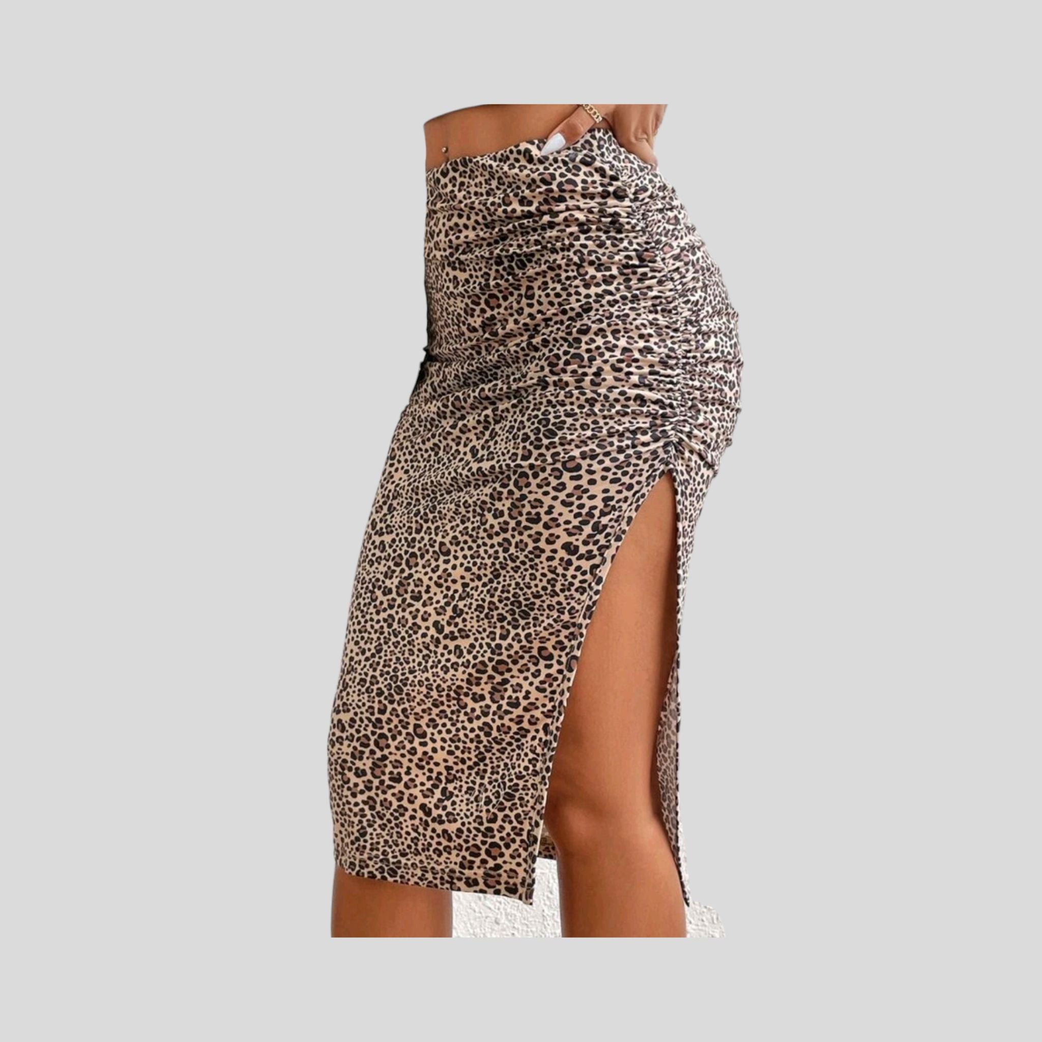 Leopard Print Ruched Split Thigh Skirt Hiding Bella